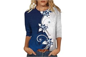 FARTEY 3/4 Sleeve T Shirts for Women Loose Fit Landscape Pattern Print Tops Three Quarter Sleeve Round Neck Blouses Pullover
