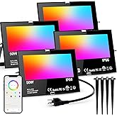 Flood Lights Outdoor RGB with Stake, 500W Equivalent Smart Color Change & Daylight 5700K Landscape Light, IP66 Patio Lights via App Control, Indoor Ambient Lighting, DIY Scenes/Music Sync/Timing-4Pack