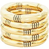 Bgfhna 5PCS Gold Chunky Bangles Bracelets for Women Gold Bangles Stack Multiple Curved Bamboo Tube Stretch Bracelets Plated Jewelry Gift