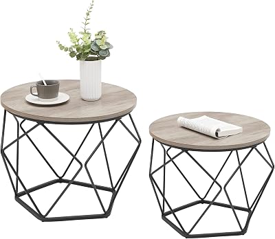 VASAGLE Round Coffee Table Set of 2 Industrial Grey-Beige Black Steel Tray
