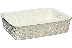 CURVER Medium Faux Rattan Storage Tray Organiser (2.5 Litre), Vintage White, 26 x 20 x 6 cm