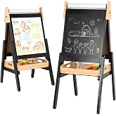 3 in 1 Easel for Little Kids with Wood Tray, Double Sided Wooden Easel with Paper Roll, Magnetic Whiteboard &amp; Dry Erase Black Chalkboard, Height Adjustable Painting Standing for Toddlers Childrens 2-5