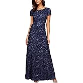 Alex Evenings Women's Long Rosette Mother of The Bride Dress with Short Sleeves