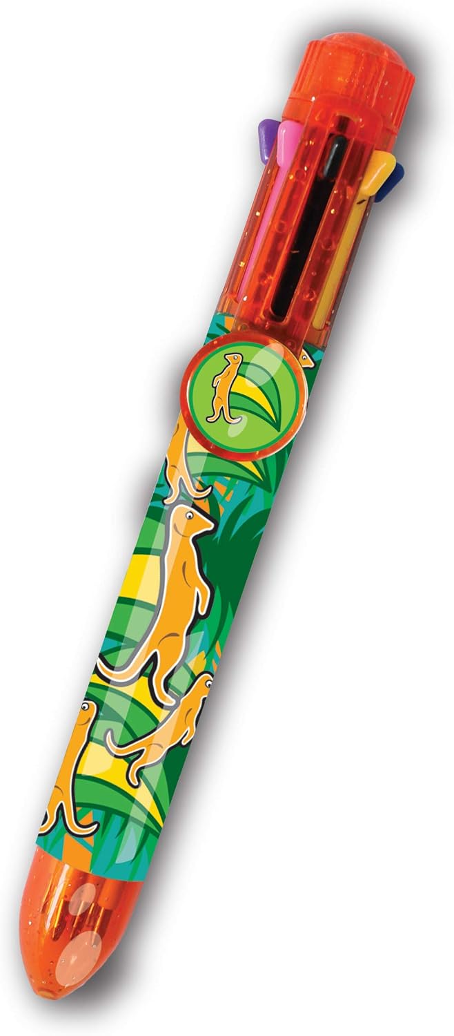 Rainbow Writer, Meerkat Pen by Deluxebase. 8-in-1 Multicolour Retractable Ballpoint Pen with a Red Glitter Barrel