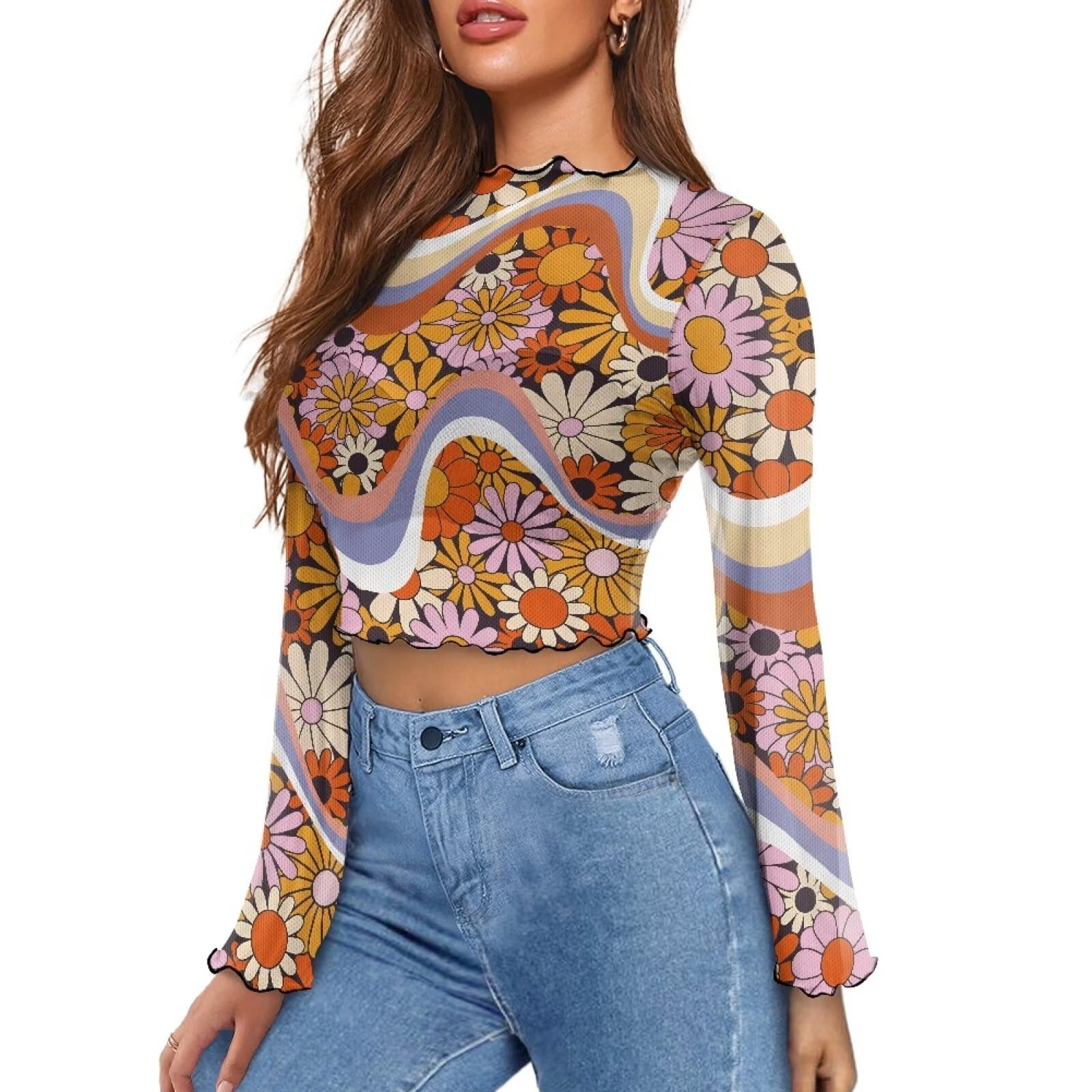 Photo 1 of *small*  Hippy Flowers 70s Womens Bell Sleeve Top Floral Tops for Women Disco Outfit Mock Neck Flare Tops Semi Sheer Mesh Long Sleeve Top Ruffle Long Sleeve Shirts