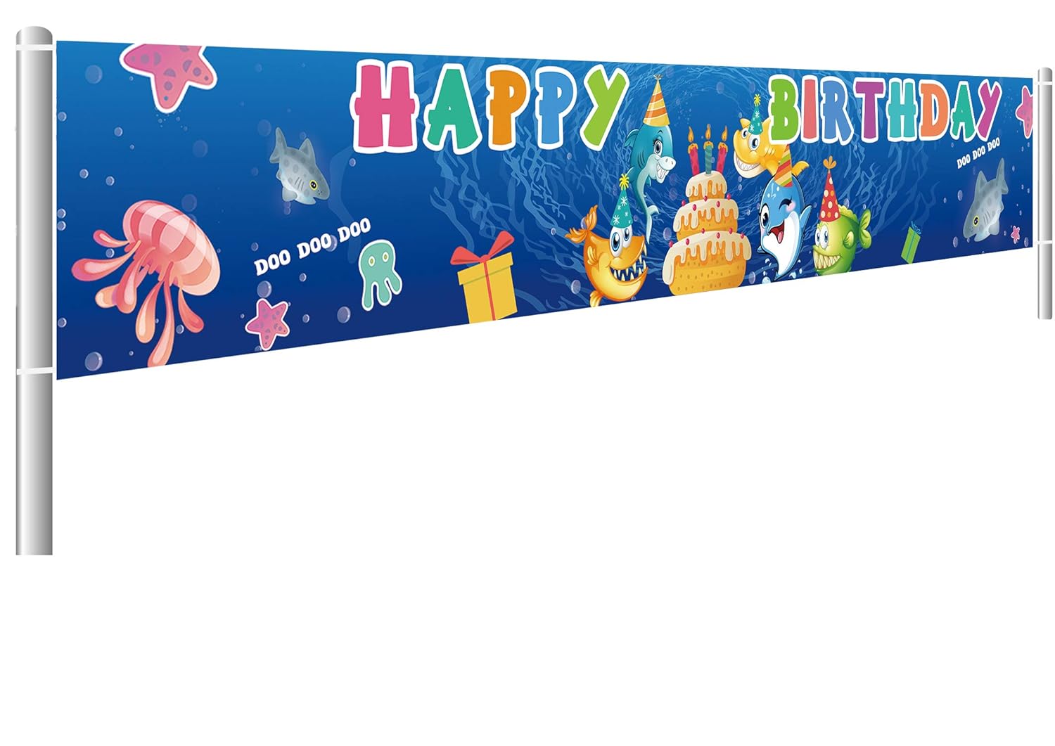 Colormoon Large Cute Shark Birthday Banner, Shark Birthday Banner for Kids Birthday Party Supplies Decorations, Cute Shark Baby Shower Supplies (9.8 x 1.5 feet)