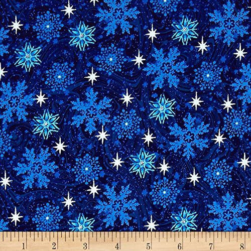 Snowy Christmas Glitter Snowflakes Navy Fabric By The Yard