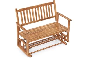 Tangkula 2 Person Outdoor Glider Bench, Poplar Wood Patio Swing Glider Loveseat with Armrests, Slatted Seat & Backrest, Porch Rocking Glider Bench for Backyard, Garden, Deck (Natural)