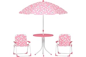 Qaba Kids Picnic Table, Kids Table and Chair Set with 2 Folding Chairs and Removable Umbrella, Unicorn Theme Portable Childre