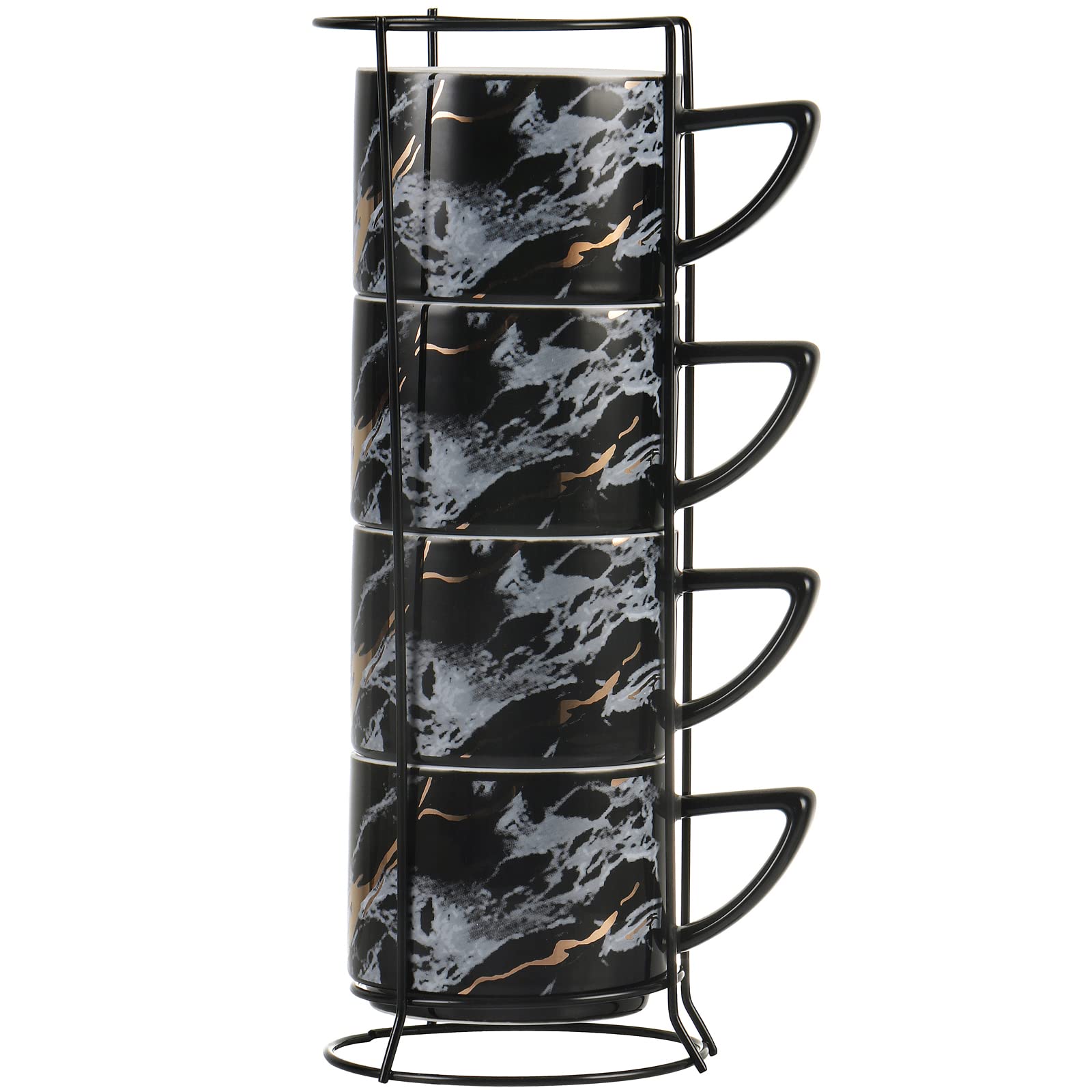 All-Pie Cappuccino Cups Set Tea Mugs 210ML Stackable Set of 4 Ceramics Coffee Cup with Cups Stand (Black)