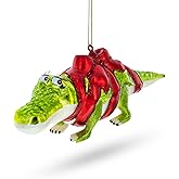 Alligator Adorned with Gift Ribbon Glass Christmas Ornament