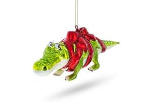 BESTPYSANKY Alligator Adorned with Gift Ribbon Glass Christmas Ornament