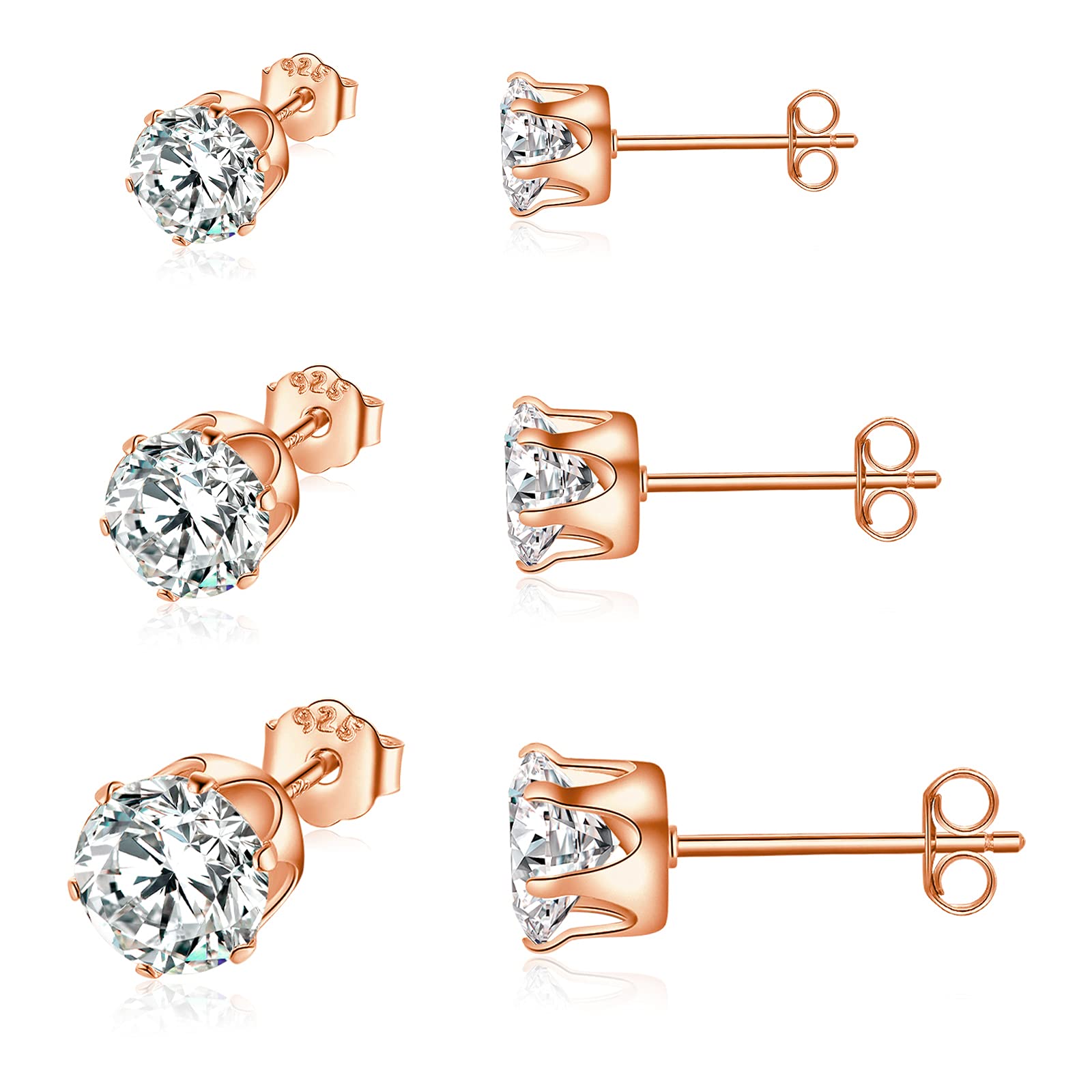 Shuxin Silver Stud Earrings for Women, 925 Sterling Silver Rose Gold Cubic Zirconia Stud Earrings Set, Tiny Small Sleeper Cartilage Studs, Sterling Silver Stud Earrings for Women Men Girl, 3/5 / 7mm