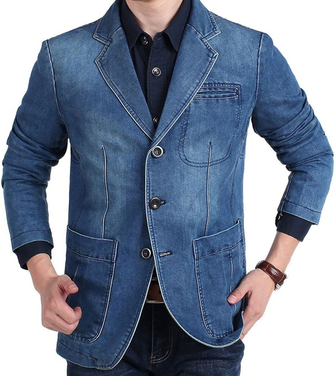 chouyatou Men's Classic Notched Collar 3 Button Tailoring Distressed Denim Blazer Jacket at  Men’s Clothing store