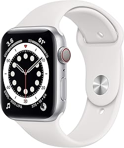 New Apple Watch Series 6 (GPS + Cellular, 44mm) - Silver Aluminum Case with White Sport Band (Renewed)