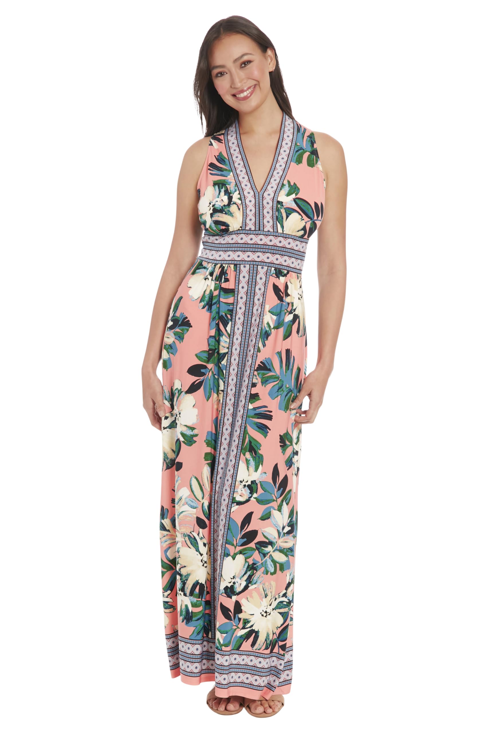 London Times Sleeveless V-Neck Maxi Casual Dresses for Women, Light Coral/Teal
