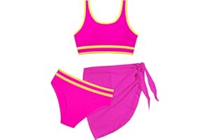 MELEYISH Girls Swimsuit Double Strap High Waist Sporty Bikini Swimsuits Swim Cover Up Skirt 3 Piece Set