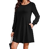 Actcat Women Long Sleeve Tops T-Shirt Dresses Casual A-Line Loose Ribbed Vocation Fall Winter Dress with Pockets