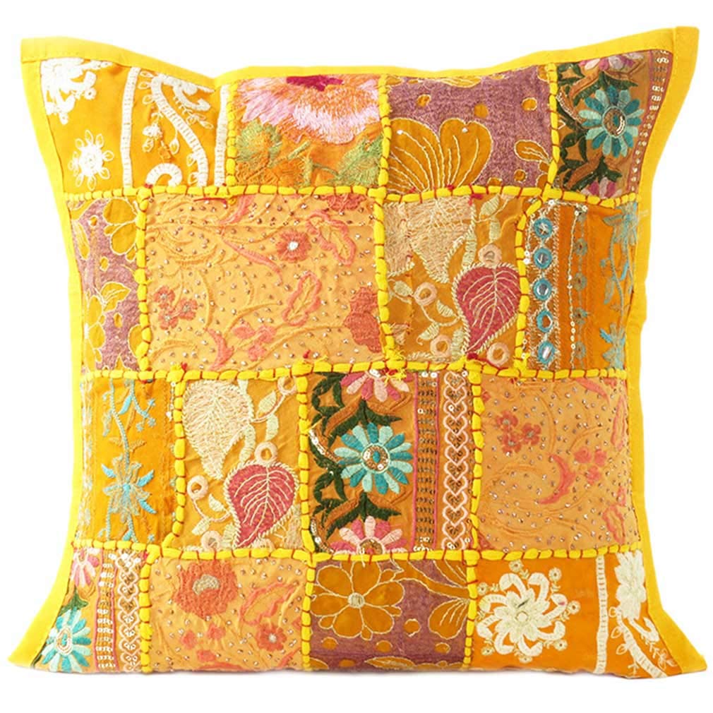Eyes of India Decorative Patchwork Boho Throw Pillow Cover, Colorful Bohemian Cushion Case for Sofa Couch, Handmade Accent Bedroom Living Room, 20x20 inch (50x50 cm), Yellow