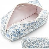 Paterr Floral Makeup Bag Aesthetic Flower Make up Pouch Travel Cosmetic Bag Valentine's Day Gift for Women Portable Quilted Pouch Cotton Kawaii Toiletry Organizer for Girlfriend Wife(Blue Floral)