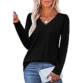 OFEEFAN T Shirts for Women V Neck Dressy Casual Blouses Puff Long Sleeve Fall Outfits Tops Loose Fit