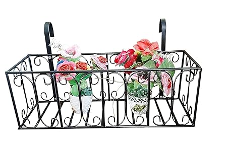 Ezzu Crafts Hanging Flower Railing Planter Vase Metal Iron Wall Hanging Planter Bucket Flower Holders for Railing Fence Balcony Garden Home Decoration Colour Black (Black)