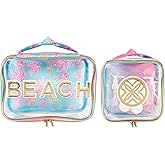 Lilly Pulitzer Beach Accessories Pouch Set of 2 with Clear Travel Bag with Toiletry Accessories (Royal Coral)