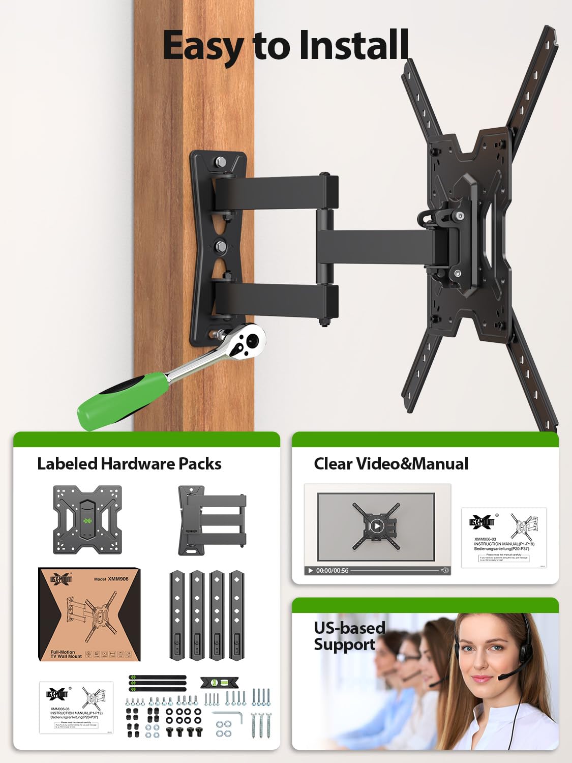USX MOUNT UL Listed Full Motion TV Mount, Swivel Articulating Tilt TV Wall Mount for 26-55Inch LED, 4K, Wall Mount Bracket with VESA 400x400mm Up to 77lbs, Perfect Center Design -XMM006-1