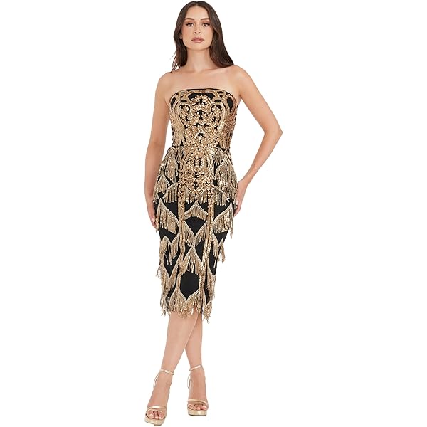 Amazon.com: Dress the Population Women's Callie Cathedral Sequin Fringe  Embrodiery, Mini, Fit and Flare, Square Neck Dress, Gold-Black, XX-Small :  Clothing, Shoes & Jewelry