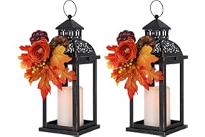 NEEDOMO Fall Decorations for Home, 2 Pcs 15'' Fall Lantern Indoor Outdoor Thanksgiving Decor, Vintage Metal Hanging Candle Holders with Fall Teardrop Wreath and LED Candle for Patio, Porch, Table
