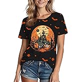 Halloween Shirts for Women: Castle Pumpkin Pattern Halloween Party Short Sleeve Costumes Crewneck T-Shirt