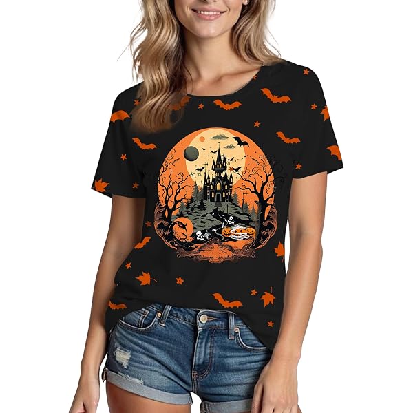 T-shirt Halloween Pour Femme - Manches Courtes, Motif Chat Fantôme, Chauves-souris Et Citrouilles