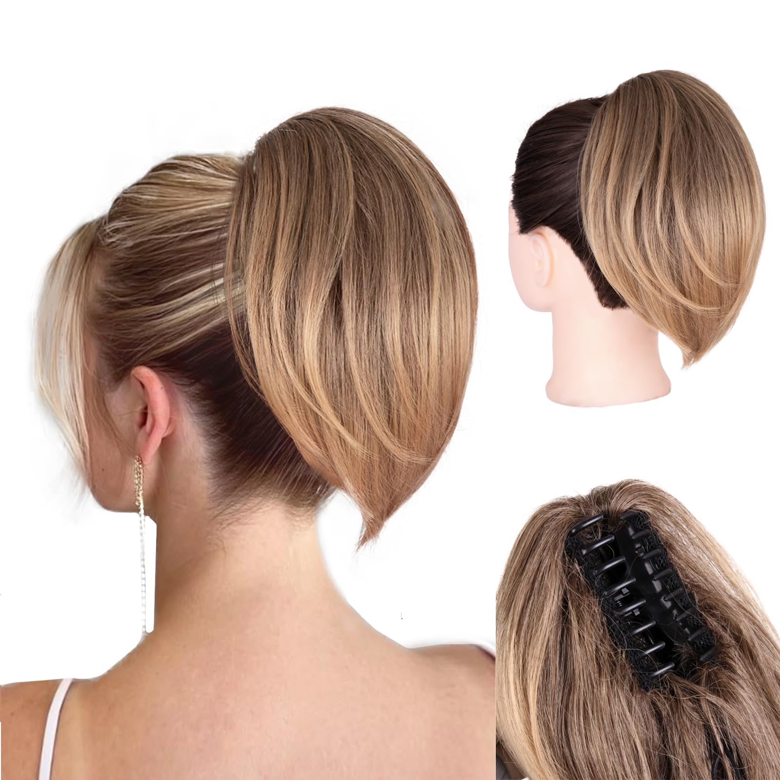 Photo 1 of Claw Clip Ponytail Extension - 10 Inch Short Ponytail Extension, Straight Pony Tails Hair Extensions, Synthetic Hair Extensions Ponytail, Clip On Ponytails for Women (Light Brown with Golden Ends)