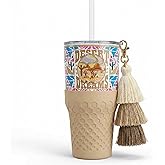 Biddlebee 30oz Desert Dreams Tumbler with Straw and Lid – Southwestern Insulated Stainless Steel Cup for Women – Giftable Water Bottle with Boho Tassel Charm and Sand Silicone Boot