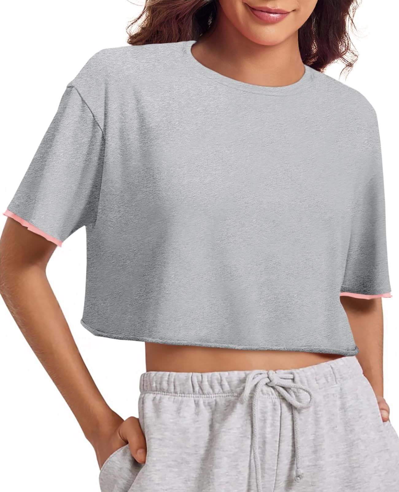Photo 1 of Fisoew Womens Crop Tops Casual Short Sleeve Crewneck Loose Fit Basic Summer Workout Running T Shirts Grey Marle