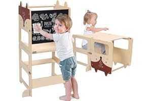 JOLIE VALLÉE TOYS & HOME Kids Step Stool, Kitchen Stool for Toddlers, Learning Wooden Tower with Chalkboard, Foldable Toddler Table and Chair Set, 3 in 1 Standing Tower with Message Boards for 18M+