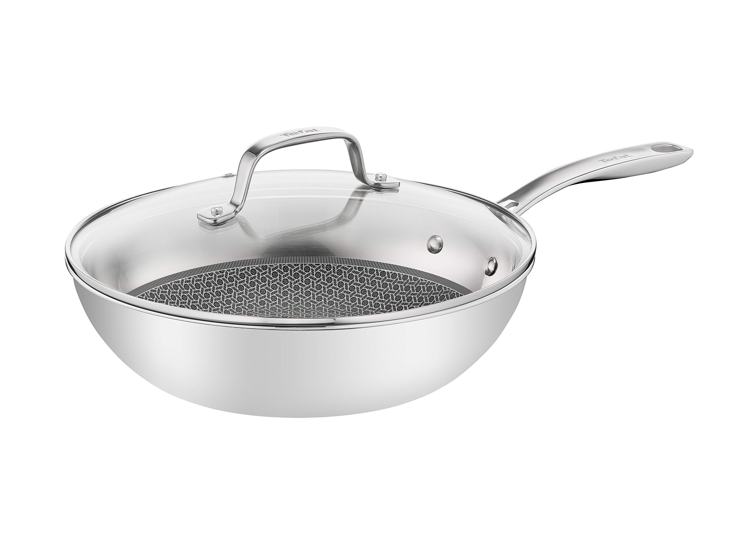 Tefal Eternal Mesh Wokpfanne, mit kratzfester Mesh Beschichtung, geeignet für alle Herdarten, auch für Induktionsherde, inkl. Glasdeckel, Edelstahl, 28 cm, E49716