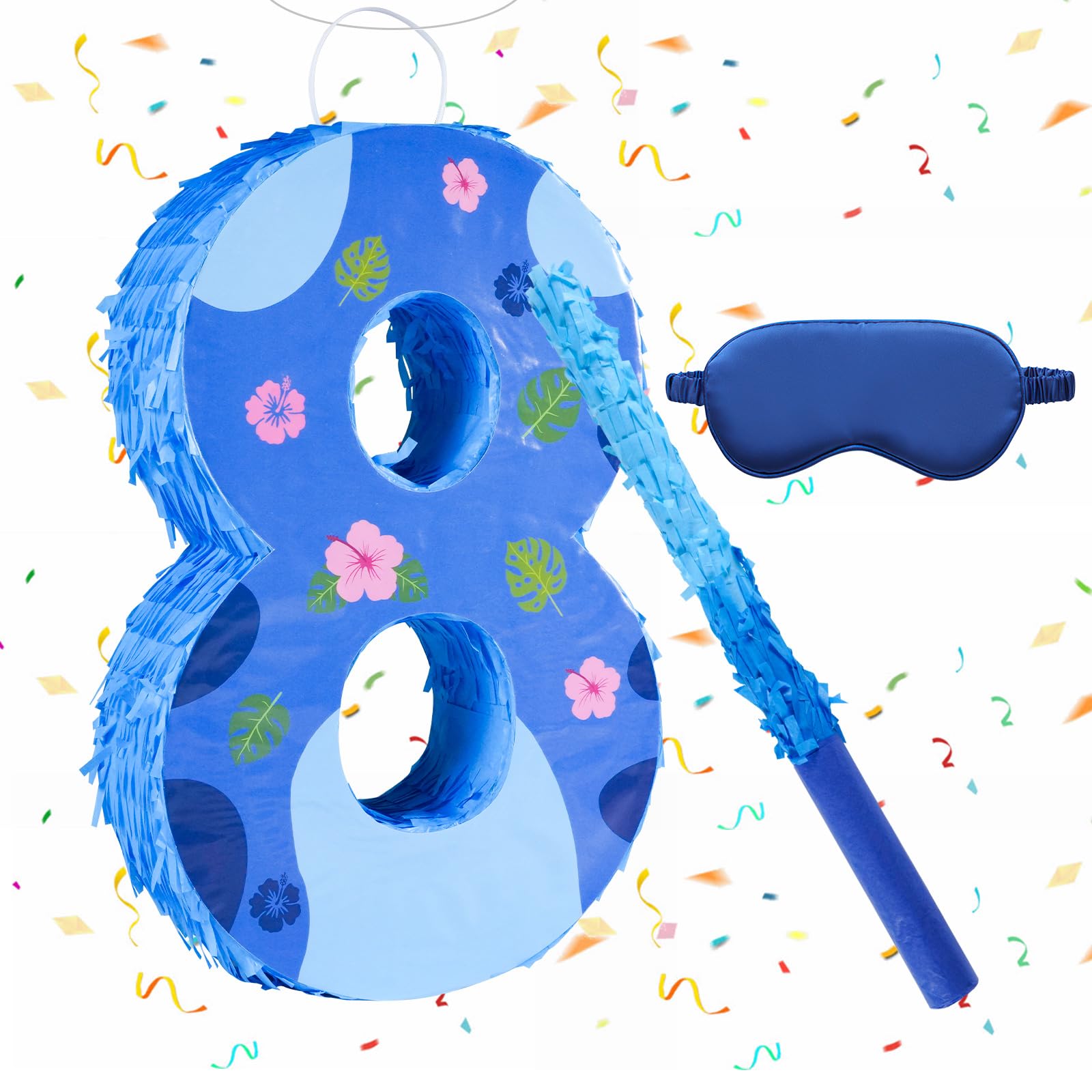Photo 1 of 16 Inch Blue Pinata Set with Hawaii Pattern Number 8 Piñata, Blindfold and Stick for Boys Girls 8th Birthday Party Decorations (8-Hawaii Pattern Piñata)