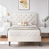 HOMBCK Twin Bed Frames for Kids, Upholstered Platform Bed Frame Twin Size with Tufted Headboard/Wood Slats/No Box Spring Needed/Easy Assemble, White