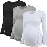 Ecavus Women's Maternity Shirts Long Sleeve Soft Stretchy Pregnancy Tops Side Ruched Casual Mama Clothes