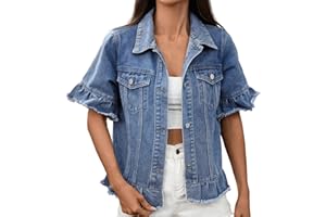 Women Ruffle Trim Short Sleeve Denim Jacket Lightweight Blue Jean Jackets Ruffle Sleeve Denim Shirt Summer Top