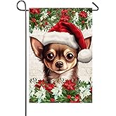 Christmas Chihuahua Dog Garden Flag for Outside 12x18 Inch Double Sided Poinsettia Santa Hat Dog Yard Flags Xmas Winter Holiday Outdoor Decorations Front Porch Home Decor