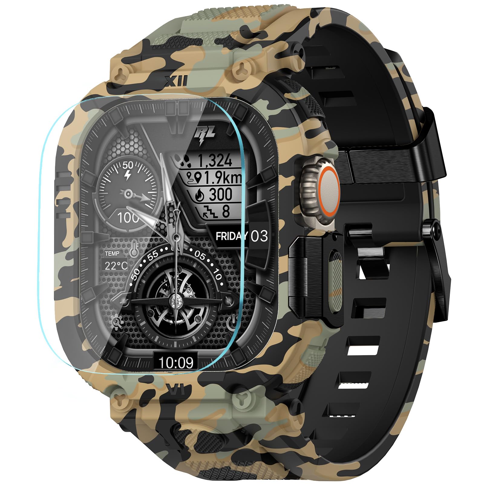 XYF Sport Replacement Band Wristband for Men, Compatible with Apple Watch Ultra 3/2/1 (49mm)- with Rugged Shockproof Metal Bumper Case & Screen Protector (49mm,Camouflage/Tan)