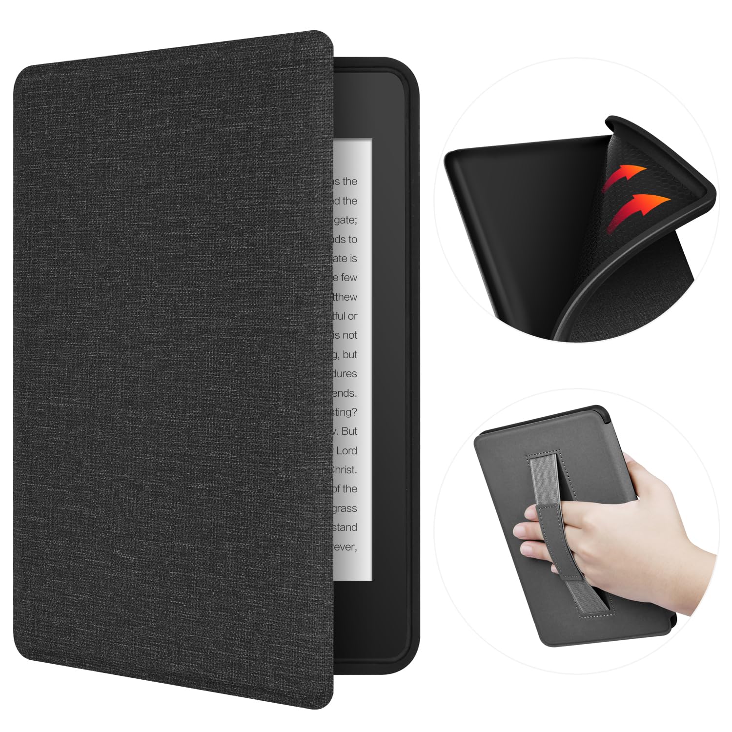 ERUNTO Case for 6.8-inch Kindle Paperwhite and Paperwhite Signature Edition, TPU Cover with Cloth Texture and Hand Belt on The Back, Magnetic Shell Cover with Smart Wake-up/Sleep Function(Black)