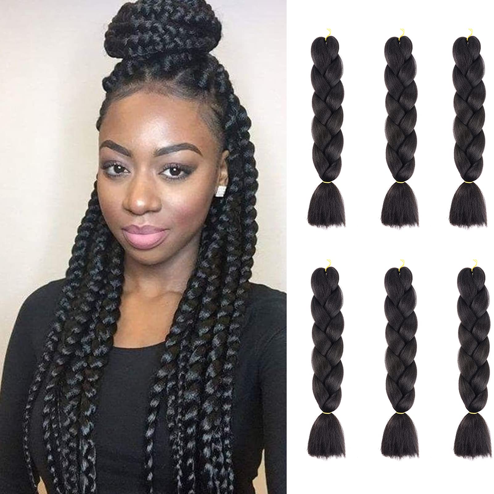 Cybelleza 6 Pcs /600g 24" Braiding Hair Extensions Jumbo Braids Synthetic Crochet Hair Afro Box Braid Heat Resistent (Natural Black)