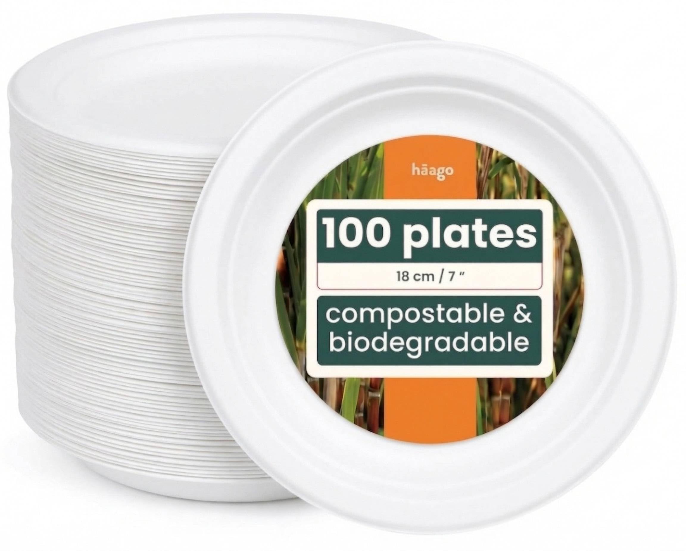 HAAGO 100 Strong Compostable Sugarcane Dessert Plates, 18 cm / 7 Inch Small Plate – Heavy Duty, Grease- & Leak-Proof Paper Plates – Biodegradable Disposable for Desserts, Starters & Snacks