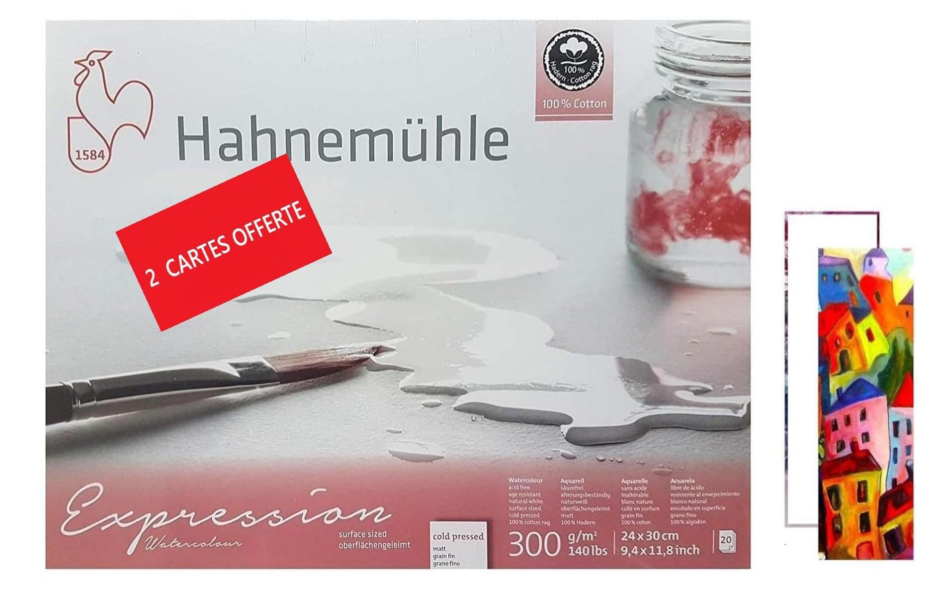 Hahnemühle Expression Watercolour Pad 20 Sheets 300 g, 24 x 30 cm, 100% Cotton, Moulin du Coq Made in Germany