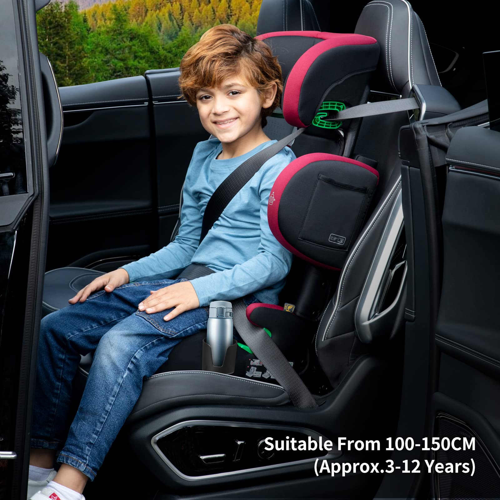globalkids Kindersitz 15-36kg, Kinderautositz mit Isofix, i-Size R129 Kindersitzerhöhung,ca. 3,5 bis 12 Jahre (100 bis 150 cm),Armlehnen und Kopfstütze höhenverstellbar, leicht, mit Getränkehalter 6