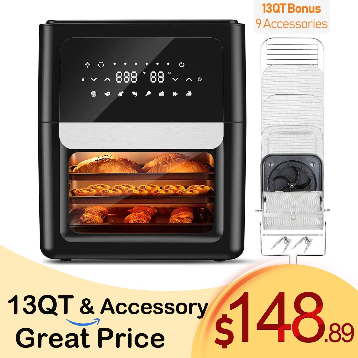 ENKLOV Air Fryer XL 13QT Bonus 9 Accessories (41 Recipe Guide Included), 8 in 1 Fast Cooking Presets LED Control Air Fryer Oven, 360° Spin Fan Super-Heated Cyclonic Air 1700W for Large Family