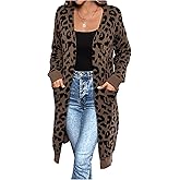 Verdusa Women's Leopard Print Open Front Long Cardigans Sweaters Knit Outerwear with Pockets